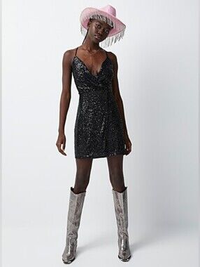 Minuet Petite Black Sequin Wrap Mini Dress